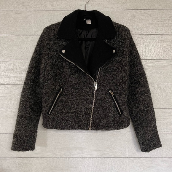 Grey fuzzy wool winter moto style jacket - Picture 2 of 10